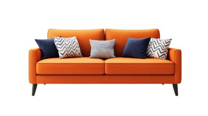 A vibrant orange sofa adorned with decorative pillows, adding a pop of color and comfort to any living space, perfect for modern home decor.
