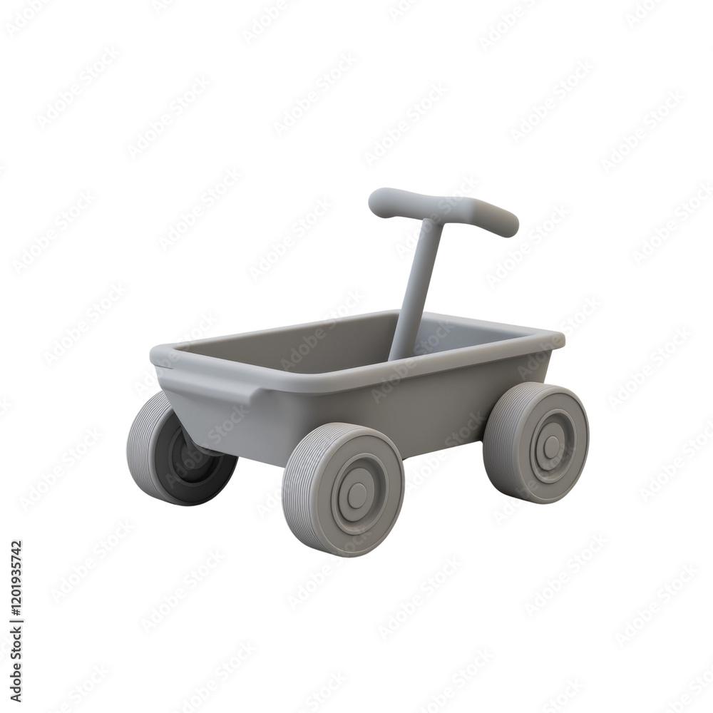 Poster a simple grey plastic toy wagon with four wheels and a handle is shown against a white background.