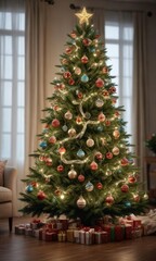 Christmas Tree Decorated with Ornaments and Lights, holly sprigs, decorated branches
