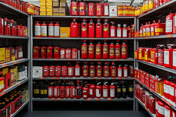 Shelves full of fire extinguishers in a fire safety equipment store, showing a variety of sizes and types.