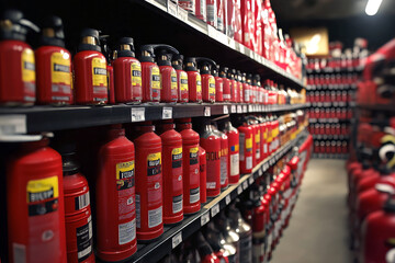 Close-up of shelves full of fire extinguishers in a fire safety equipment store, showing a variety of sizes and types.
