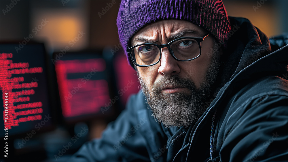 Poster the hacker's gaze: a close-up portrait of a focused hacker with a serious expression, wearing a bean