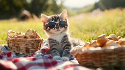 A kitten wearing sunglasses sitting on a picnic blanket beside a basket of fresh pastries