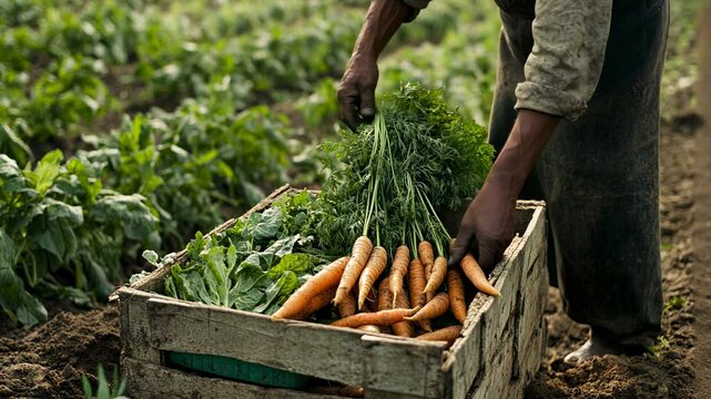 A farmer harvesting fresh vegetables from the garden, holding carrots and greens in his hands while standing next to an old wooden crate filled with other produce.