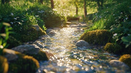 tranquil stream flows through a lush green forest, bathed in the warm glow of sunlight