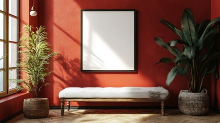Obraz premium Red Room Interior Mockup with Blank Frame