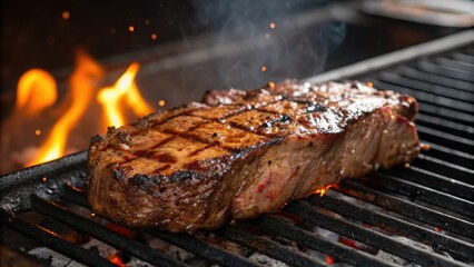 Close-up shot of a piece of grilled steak with the fiery embers of the charcoal fire reflected in its juices, sizzling meat, smoky flavor, seared surface, charcoal fire