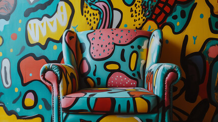 Obraz premium Chair hand painted in pop up style. Bright contrasting colors of background wall, abstract style
