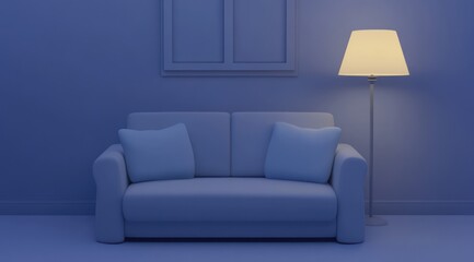 Serene night scene sofa, lamp, window.