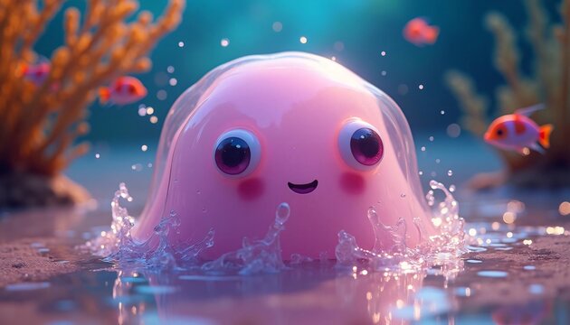 Adorable Pink Blob in Underwater Scene: A Whimsical 3D Render