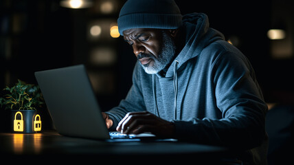 Late Night Work: A focused senior man in a beanie and hoodie intently works on his laptop under the glow of a desk lamp. His eyes are fixated on the screen, suggesting a deep immersion in his task.