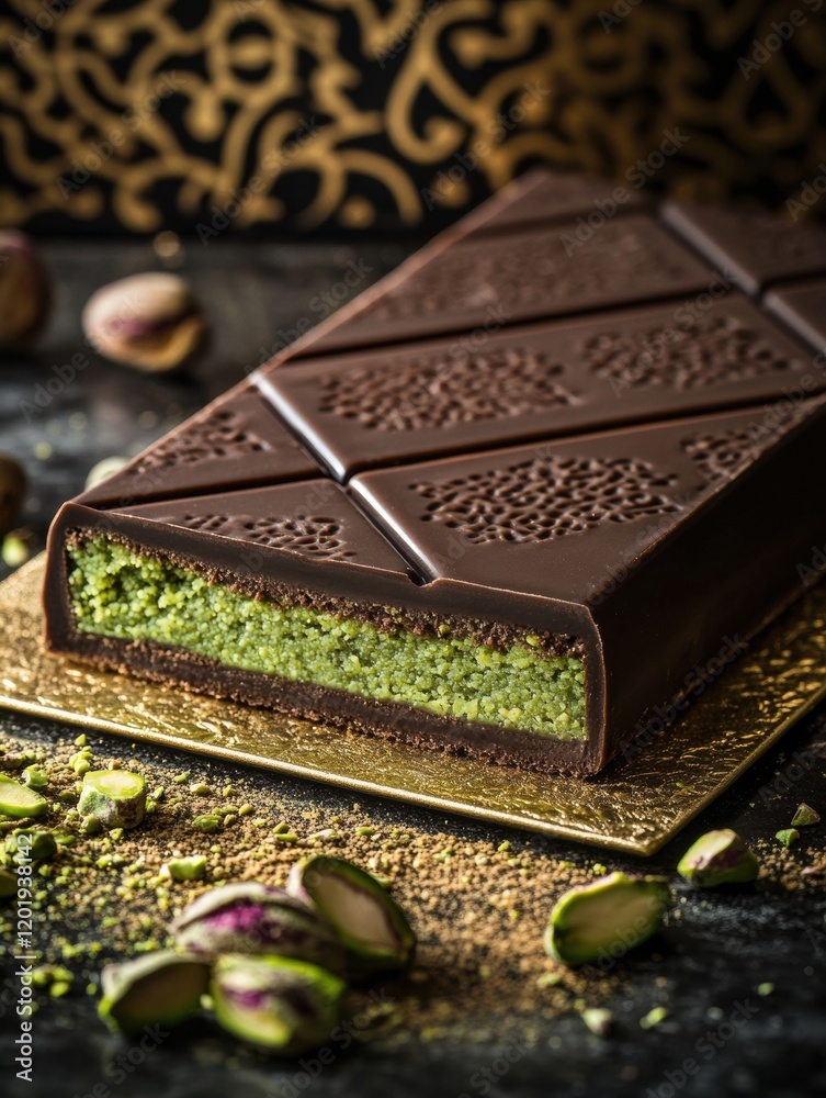 Aufkleber Chocolate bar filled with creamy pistachio paste and decorated with intricate patterns. Generative AI