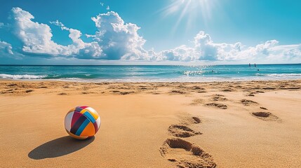 Obraz premium A lively beach volleyball court with a colorful ball and footprints in the sand