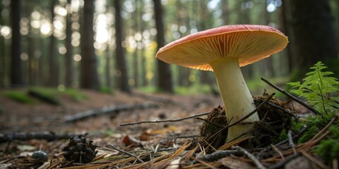 Fototapeta premium A brightly colored mushroom cap with a distinctive stem shape and size standing alone on the forest floor, nature, mycology