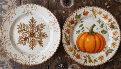 Plates decorated with seasonal motifs, like snowflakes or pumpkins