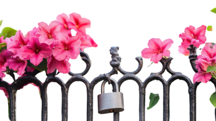 A vibrant display of pink flowers blooming against a wrought iron fence, with a padlock symbolizing security and confinement in a serene garden setting.