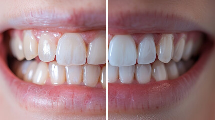 Fototapeta premium A before-and-after transformation of a patient’s smile after dental bonding. Dental Treatment stock image, hd quality. 