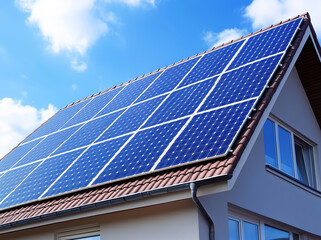 Solar panels on rooftop under blue sky
