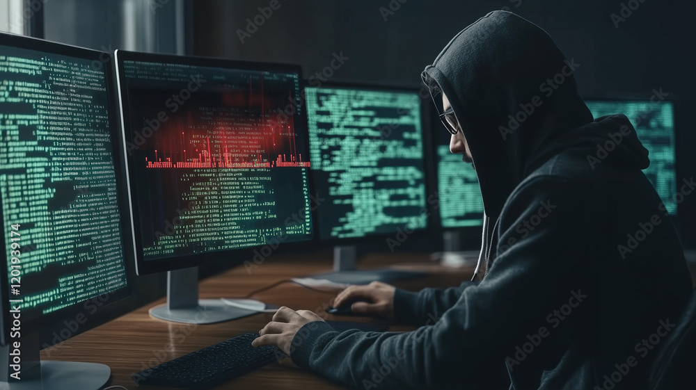 Poster cybersecurity hacker at work: a hooded figure sits intently before multiple computer screens display