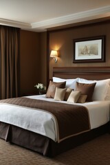 Elegant hotel suite with chocolate-colored decor, warm brown walls, and creamy luxurious bedding.