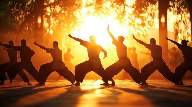 A Tai Chi class in a traditional setting, with flowing movements under soft morning light