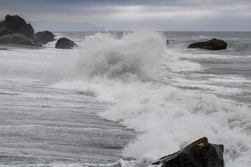 Pacific Ocean rocky fog filled grey seascape  