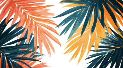 Vibrant tropical palm leaves in shades of orange, teal, and yellow create a striking backdrop. Perfect for summer-themed designs and nature-inspired artwork.