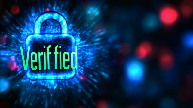 Cyber Security:  A glowing blue padlock with "Verified" written in green sits against a shimmering dark blue background. An explosion of bright blue energy creates a sense of dynamism and security.  