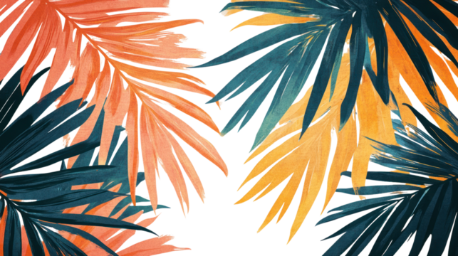 Vibrant tropical palm leaves in shades of orange, teal, and yellow create a striking backdrop. Perfect for summer-themed designs and nature-inspired artwork.