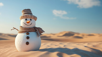 Snowman Stands Cheerfully in a Sunlit Desert Landscape Surrounded by Warm Sands and a Bright Blue Sky
