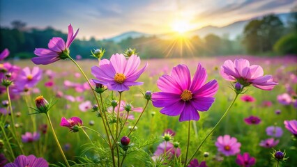 Fototapeta premium Vibrant purple cosmos flowers sway gently in a sunny meadow filled with lush green grass and wildflowers, creating a breathtaking scene in early summer , purple flowers, colorful meadow