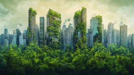 Nature reclaims city skyline; overgrown buildings, apocalyptic background; environmental impact illustration