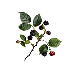 Blackberry Sprig: A detailed close-up captures a blackberry sprig, showcasing ripe black berries and a few unripe red ones nestled amongst vibrant green leaves.