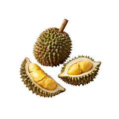 Fototapeta premium Durian Delights: A whole durian fruit with a distinctive spiky green rind alongside two slices revealing its creamy yellow flesh, capturing the unique and pungent aroma of this exotic delicacy. 