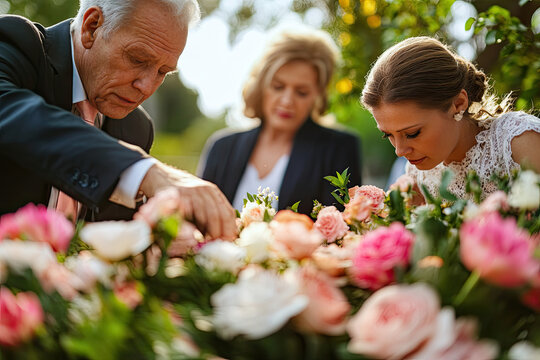Family placing flowers on a casket during a graveside service