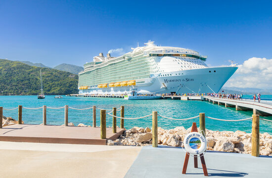 LABADEE, HAITI - FEBRUARY 03, 2023: Royal Caribbean cruise ship Harmony of the Seas docked at the private port of Labadee in the Caribbean Island of Haiti 