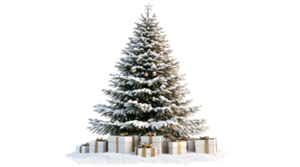 A beautifully decorated Christmas tree adorned with snow, surrounded by wrapped gifts, evoking a cozy winter holiday atmosphere.