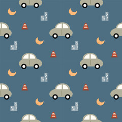 Obraz premium Car cartoon so cute. On traffic cone building moon background. Pattern seamless vector illustration. 