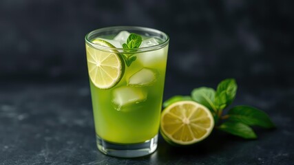 Fototapeta premium A chilled glass of matcha iced green tea with a slice of lime, matcha, green tea