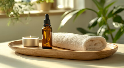 Relaxing spa essentials with essential oils, candle, and soft towel creating a serene atmosphere for well-being and self-care rituals