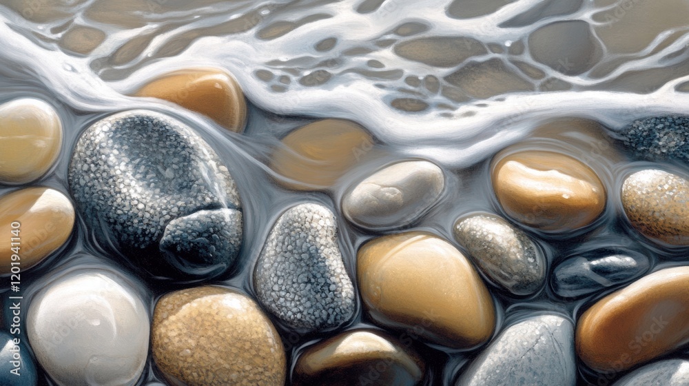 Fototapete close up view of smooth beach pebbles with gentle waves washing over them on a tranquil shoreline. g