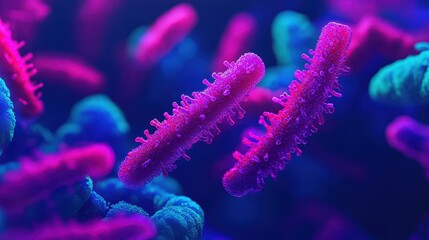 Fototapeta premium Colorful microscopic view of bacteria or microorganisms in vibrant hues of pink and blue, showcasing intricate structures and patterns.