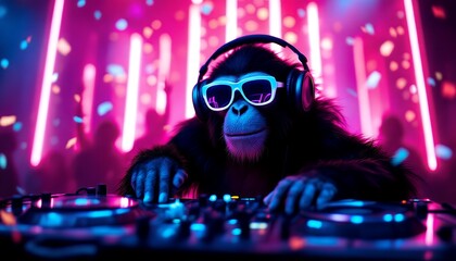 Cool Dj Monkey in Neon Party Lights