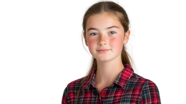 A young girl with a gentle smile, wearing a red plaid shirt, exudes warmth and confidence. Ideal for themes of childhood, innocence, and happiness. - Powered by Adobe