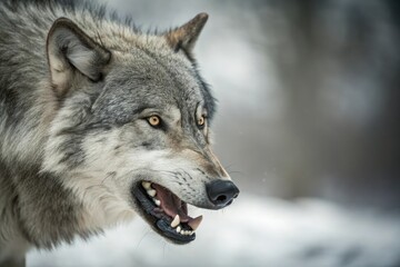 Obraz premium A close-up of a gray wolf's face shows its sharp teeth and piercing eyes, set against the soft focus of its surroundings, wild animal, snow, facial expression, gray wolf