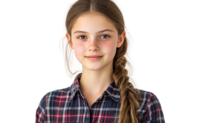 A confident young girl with a braided hairstyle and plaid shirt stands proudly, showcasing her natural beauty and individuality in a warm environment.