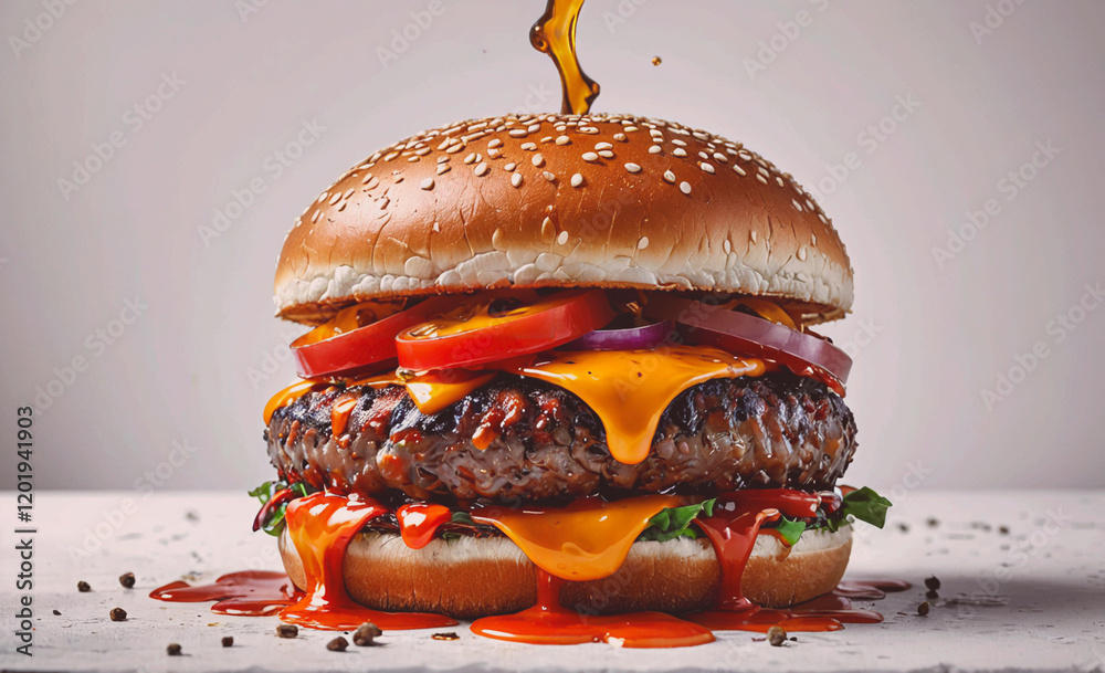 Poster a burger with melted cheese and tomato slices on top. the burger is dripping with sauce, giving it a