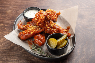 A plate of crispy chicken wings coated in spicy sauce, topped with crushed toppings and served with a side of ranch dressing and pickles on a rustic wooden surface.