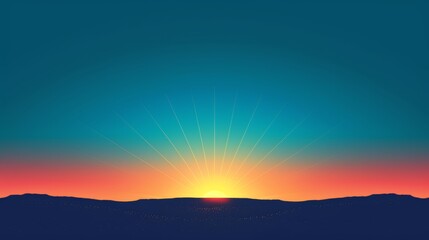 Obraz premium Stunning sunrise with radiant sun rays, a gradient sky of deep blue to warm orange hues, and a silhouetted horizon. Bright, serene, and atmospheric