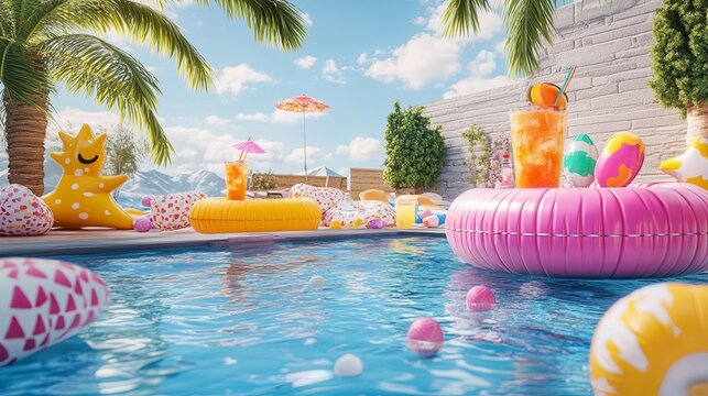 A lively summer pool party with inflatable toys and fresh tropical drinks